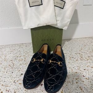 Gucci Men's Navy Velvet Loafers with Gold Accents